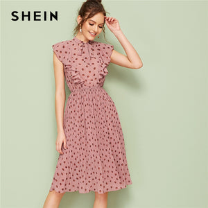 SHEIN Pink Tie Neck Ruffle Trim Dot Pleated Summer Midi Dress Women Cap Sleeve Stand Collar Fit and Flare Vintage Empire Dresses