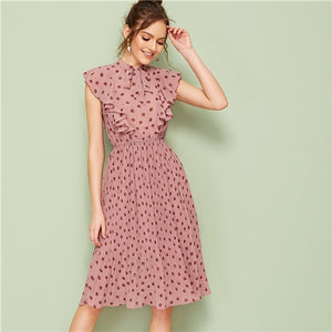 SHEIN Pink Tie Neck Ruffle Trim Dot Pleated Summer Midi Dress Women Cap Sleeve Stand Collar Fit and Flare Vintage Empire Dresses