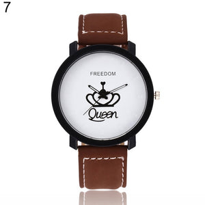 New Couple Queen King Crown Fuax Leather Quartz Analog Wrist Watch Chronograph Party Gift Letter Print Queen KingQ Couple Watch