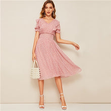 Load image into Gallery viewer, SHEIN Pink Ruffle Trim Puff Sleeve Shirred Waist Summer Boho Dress 2019 Fit and Flare Dress Women Elegant Empire Long Dresses